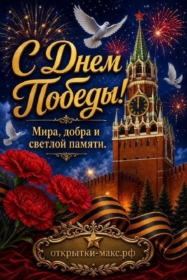 Открытка «С Днём Победы» с орденом Отечественной войны, красными гвоздиками, Кремлём и фейерверком — вариант 3