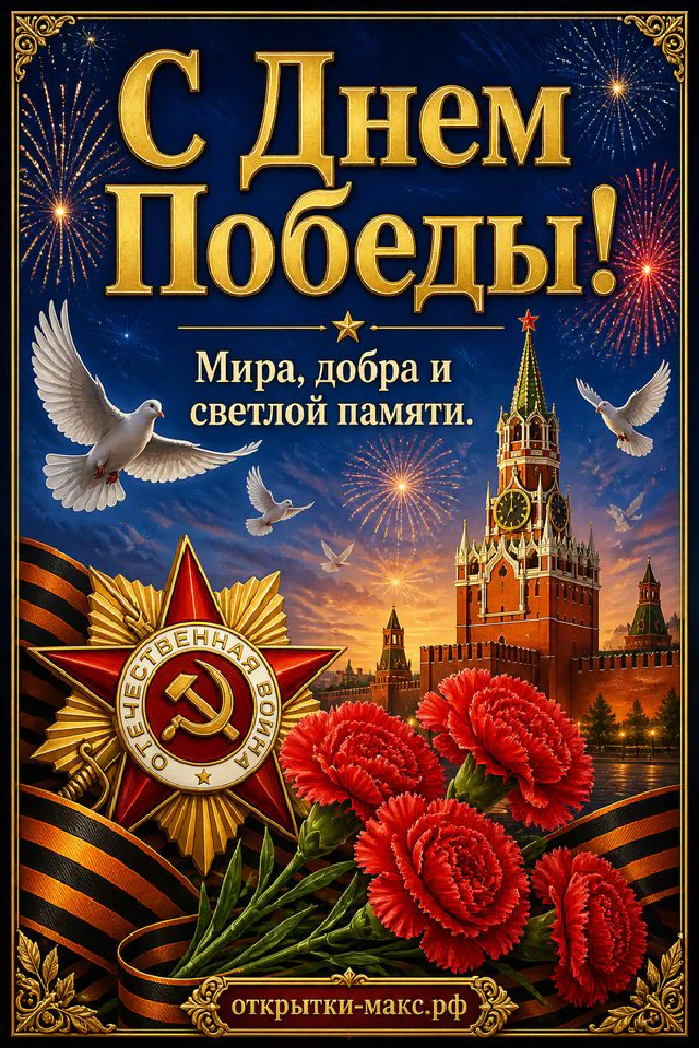 Открытка «С Днём Победы» с орденом Отечественной войны, красными гвоздиками, Кремлём и фейерверком — вариант 4