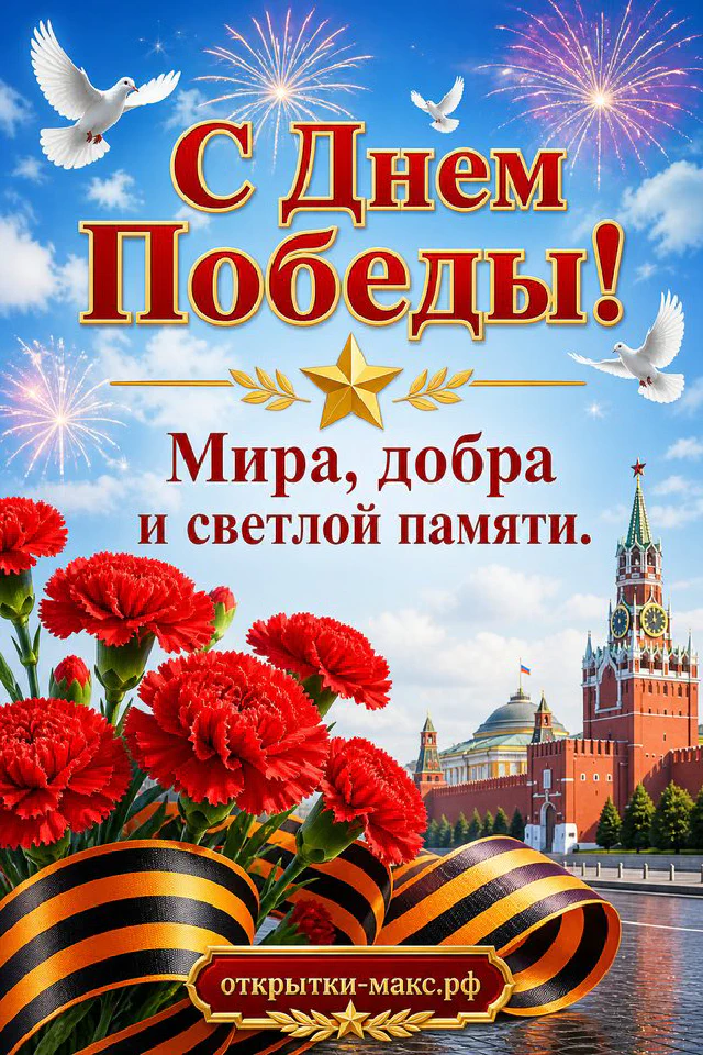 Открытка «С Днём Победы» с орденом Отечественной войны, красными гвоздиками, Кремлём и фейерверком — вариант 5