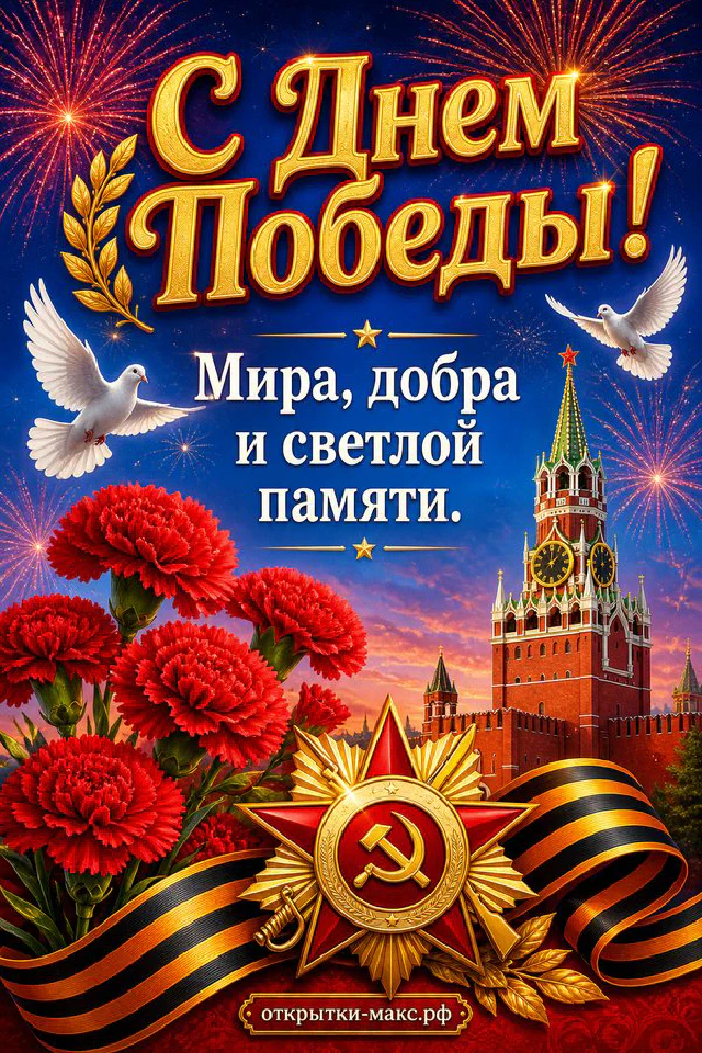Открытка «С Днём Победы» с орденом Отечественной войны, красными гвоздиками, Кремлём и фейерверком — вариант 6