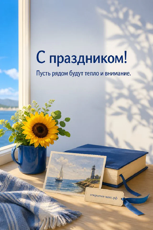 Бумажная открытка с подсолнухами и солнцем в синих и жёлтых тонах с надписью С праздником — вариант 2
