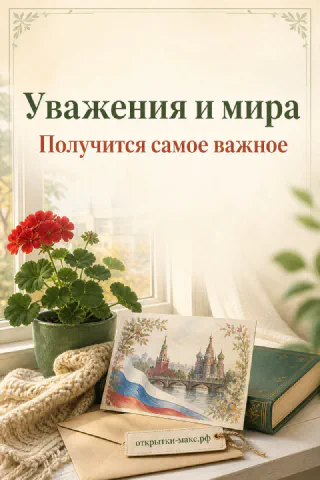 Красная герань, конверт и открытка с Кремлём и российским флагом на уютном подоконнике