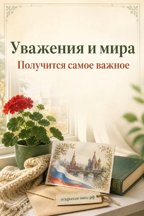 Красная герань, конверт и открытка с Кремлём и российским флагом на уютном подоконнике