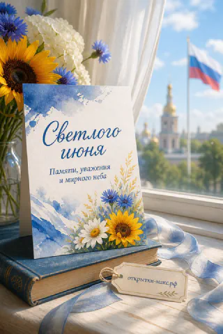 Акварельная открытка с подсолнухами и васильками, флаг России на фоне храма и неба