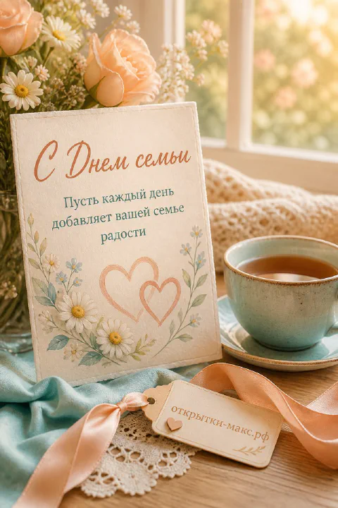 Открытка «С Днём семьи» с двумя сердцами и ромашками стоит рядом с чашкой чая и персиковой лентой на деревянном столе