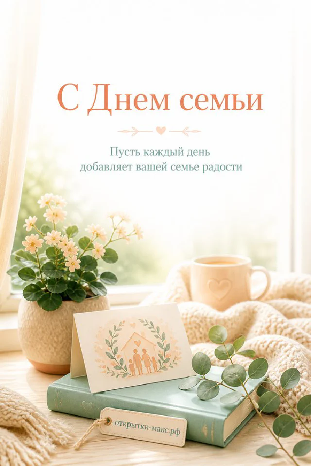 Открытка «С Днём семьи» с двумя сердцами и ромашками стоит рядом с чашкой чая и персиковой лентой на деревянном столе — вариант 2