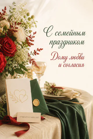 Торжественная открытка «С семейным праздником» с красными и белыми розами, зелёным конвертом и сервированным столом