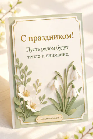 Открытка «С праздником!» с объёмными белыми подснежниками на зелёно-белом фоне с текстом «Пусть рядом будут тепло и внимание»