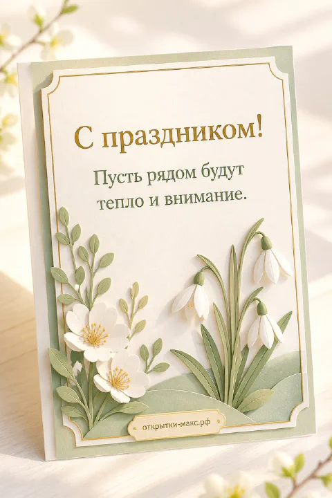 Открытка «С праздником!» с объёмными белыми подснежниками на зелёно-белом фоне с текстом «Пусть рядом будут тепло и внимание»