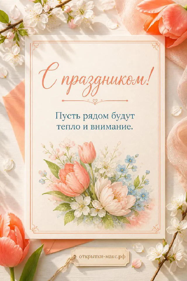 Открытка «С праздником!» с объёмными белыми подснежниками на зелёно-белом фоне с текстом «Пусть рядом будут тепло и внимание» — вариант 2