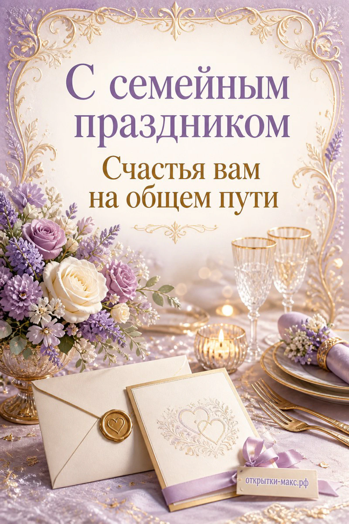 Открытка «С семейным праздником» с лавандовыми и белыми розами, конвертом и бокалами на праздничном столе