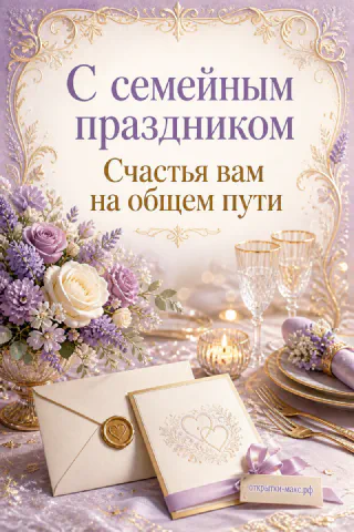 Открытка «С семейным праздником» с лавандовыми и белыми розами, конвертом и бокалами на праздничном столе