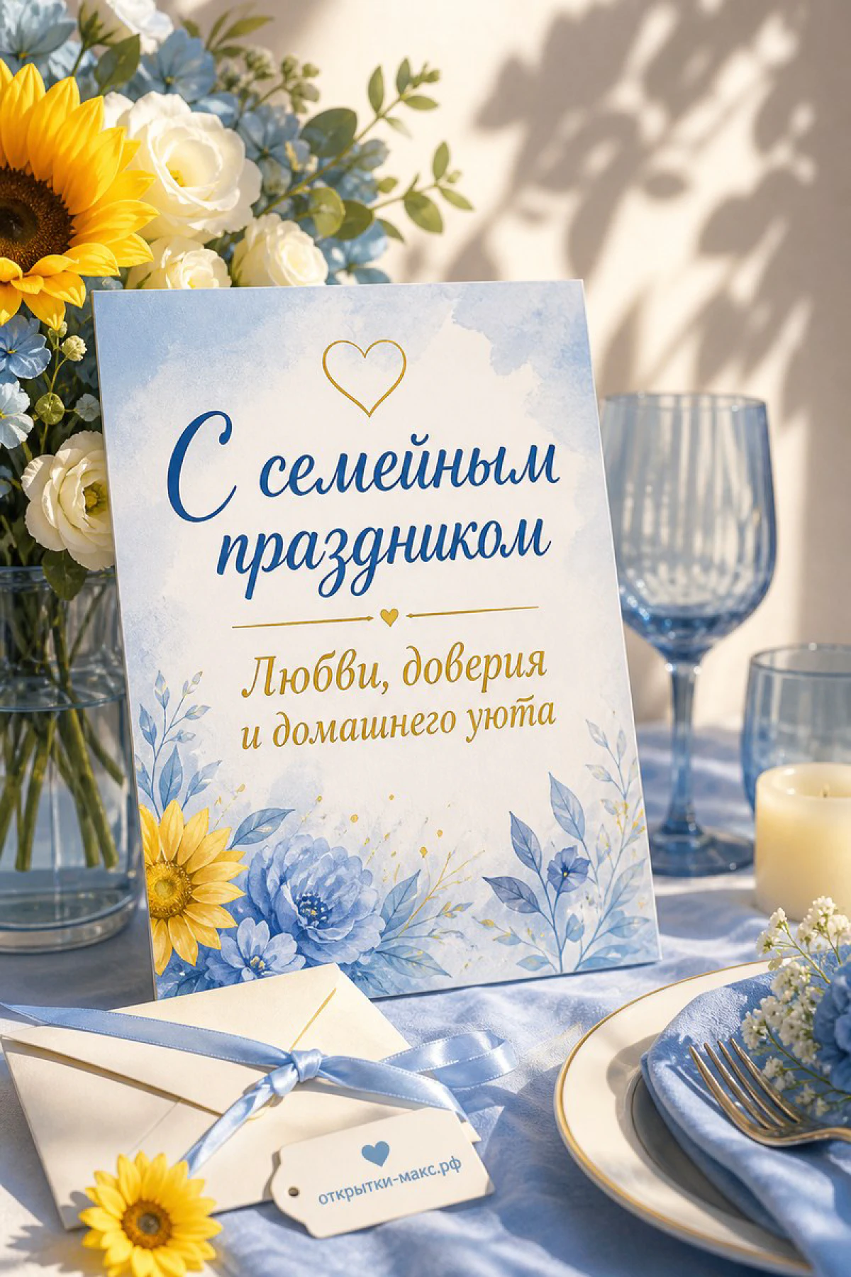 Открытка «С семейным праздником» с голубыми цветами на сервированном столе с бокалами, свечой и подсолнухами