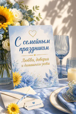 Открытка «С семейным праздником» с голубыми цветами на сервированном столе с бокалами, свечой и подсолнухами