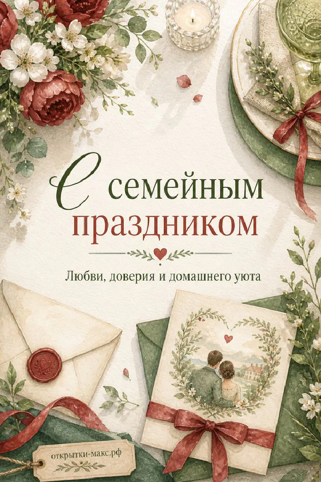 Открытка «С семейным праздником» с голубыми цветами на сервированном столе с бокалами, свечой и подсолнухами — вариант 2