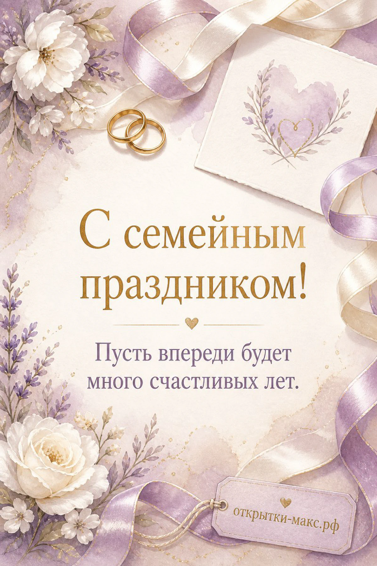 Золотые обручальные кольца, белые розы и лавандовые ленты на бежевом фоне с открыткой-сердечком
