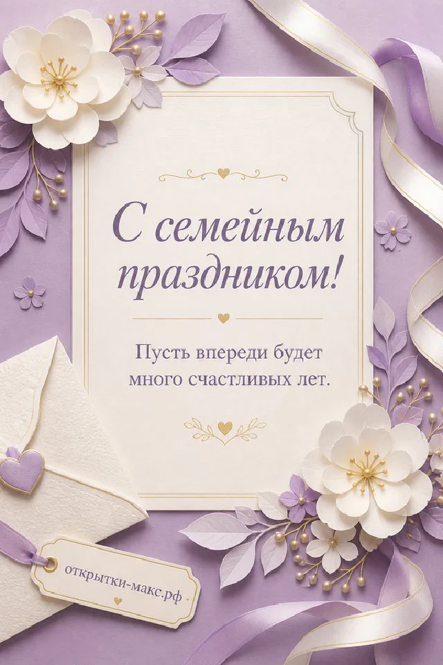 Золотые обручальные кольца, белые розы и лавандовые ленты на бежевом фоне с открыткой-сердечком — вариант 2