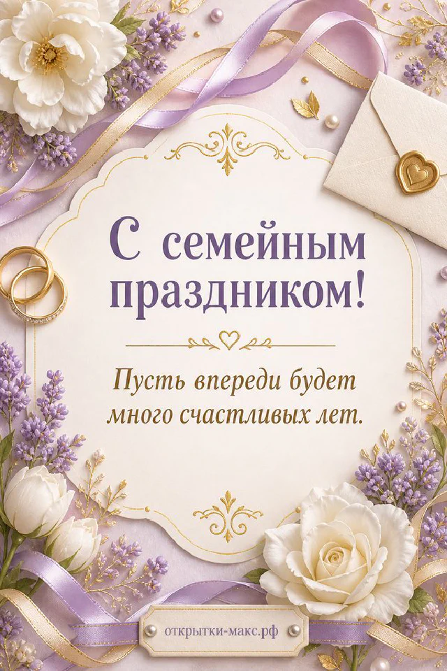 Золотые обручальные кольца, белые розы и лавандовые ленты на бежевом фоне с открыткой-сердечком — вариант 7