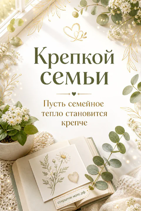 Открытка «Крепкой семьи» с золотыми сердцами, белыми цветами и ветвями эвкалипта на светлом фоне