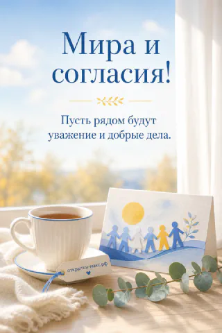 Открытка «Мира и согласия» с рисунком семьи стоит у окна рядом с чашкой чая и веточкой эвкалипта