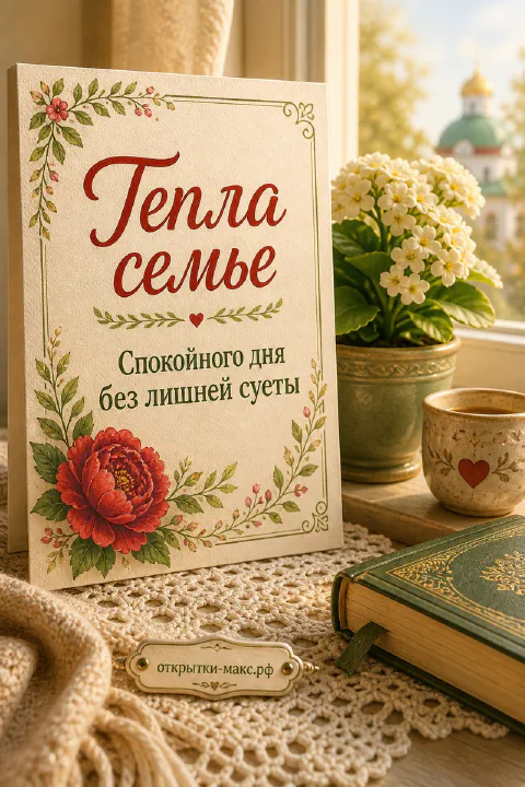 Открытка «Тепла семье» в русском народном стиле с красным пионом, цветочным орнаментом на кремовом фоне