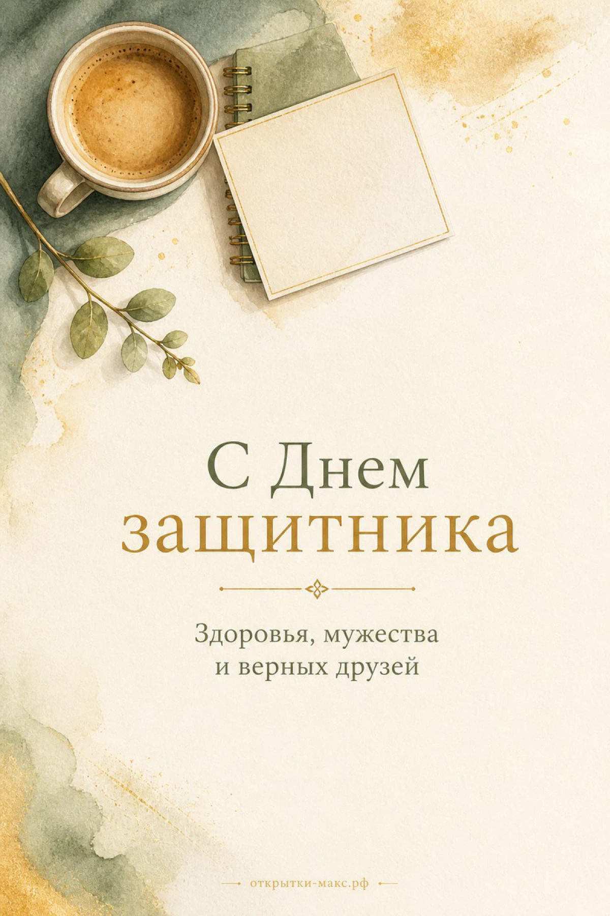 Чашка кофе и блокнот на акварельном фоне в оливковых и золотых тонах с веткой листьев