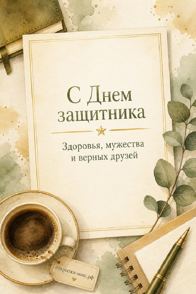 Чашка кофе и блокнот на акварельном фоне в оливковых и золотых тонах с веткой листьев — вариант 2