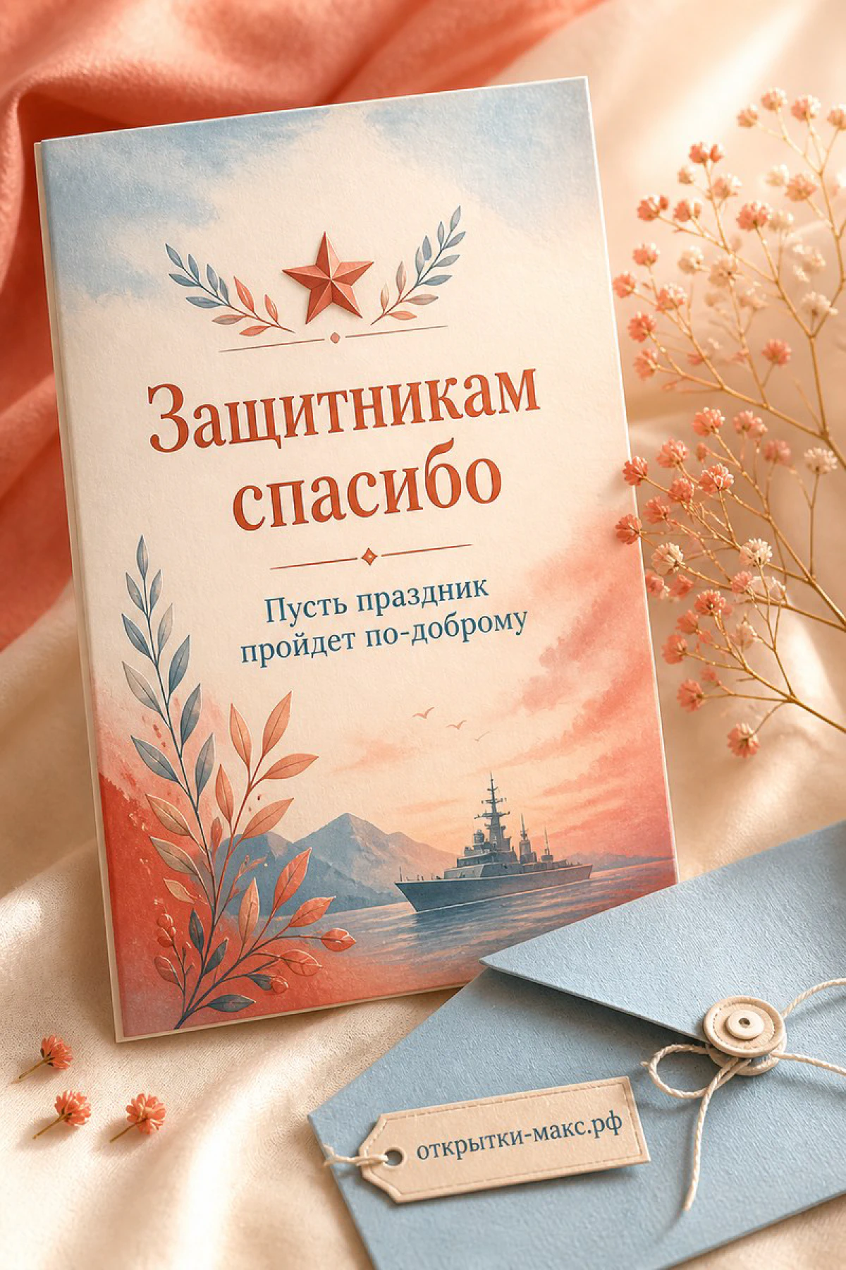 Акварельная открытка с военным кораблём на закатном море, красной звездой и лавровыми ветвями