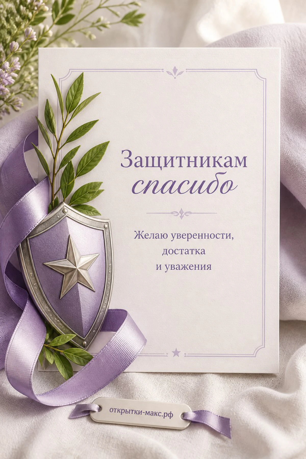 Серебряный щит со звездой, лавровые ветви и сиреневая атласная лента на белой карточке