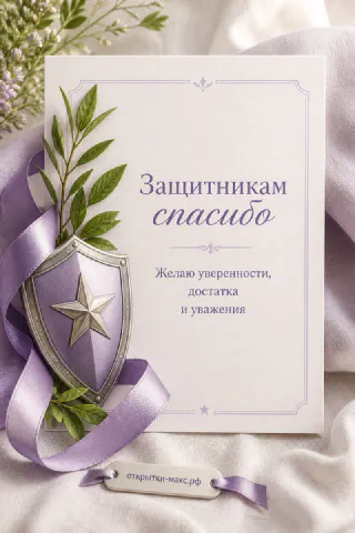 Серебряный щит со звездой, лавровые ветви и сиреневая атласная лента на белой карточке