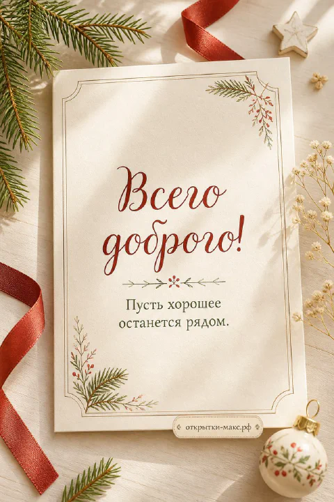 Открытка с еловой ветвью и красной лентой на кремовом фоне, надпись Всего доброго