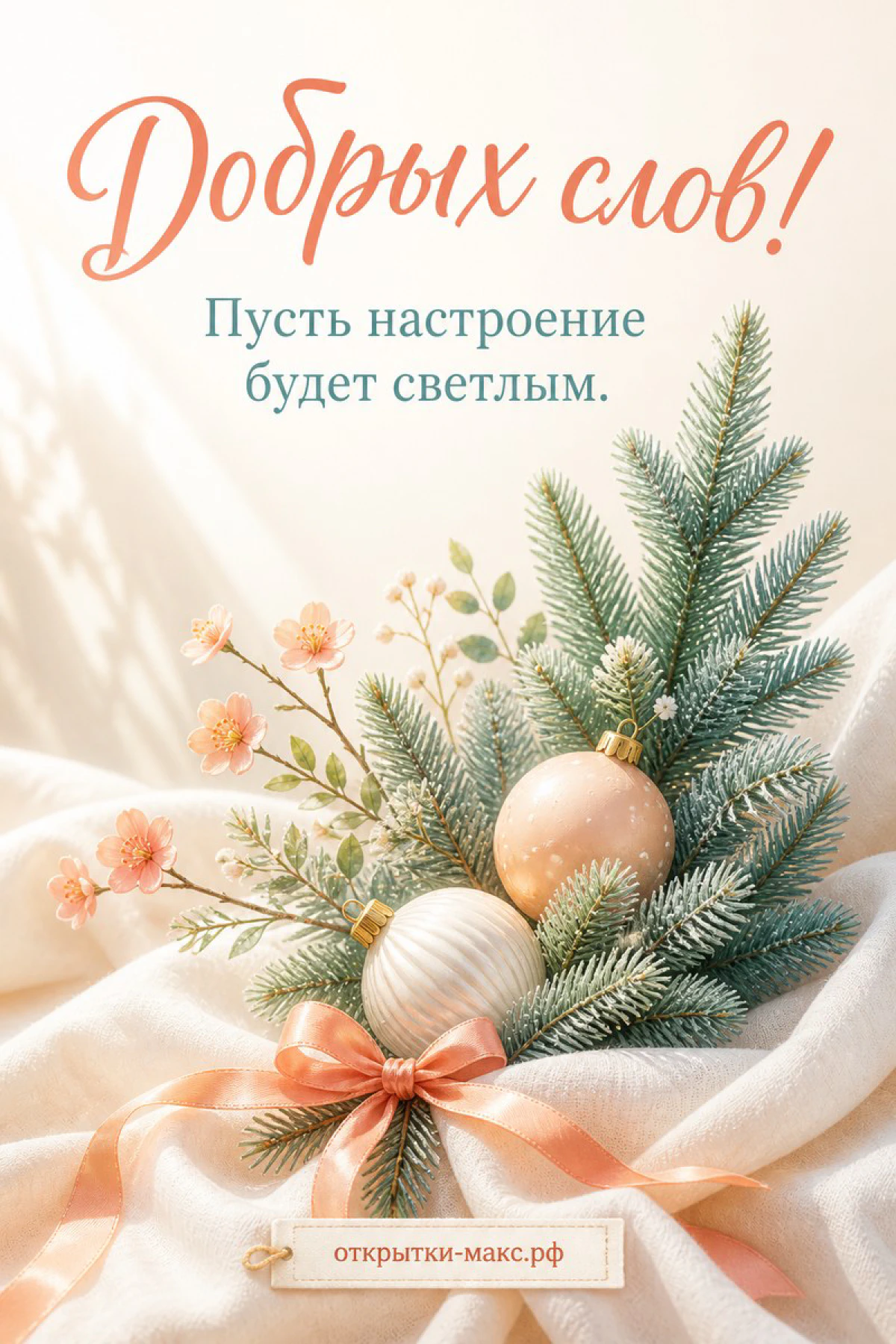 Еловые ветки с двумя персиковыми шарами и цветущими веточками на светлой ткани с розовым бантом