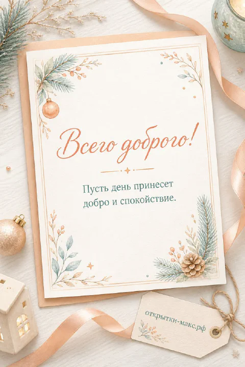 Новогодняя карточка с еловыми ветками, шишкой и золотой лентой на деревянном столе