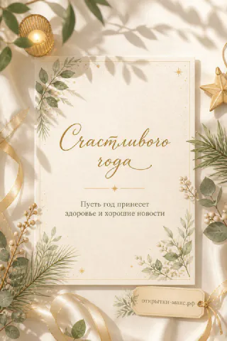Кремовая открытка с зелёными ветками, золотыми звёздочками и лентой, надпись Счастливого года