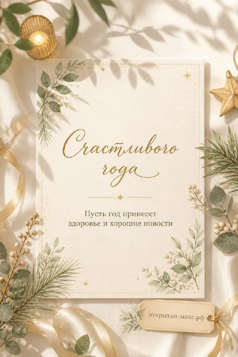 Кремовая открытка с зелёными ветками, золотыми звёздочками и лентой, надпись Счастливого года