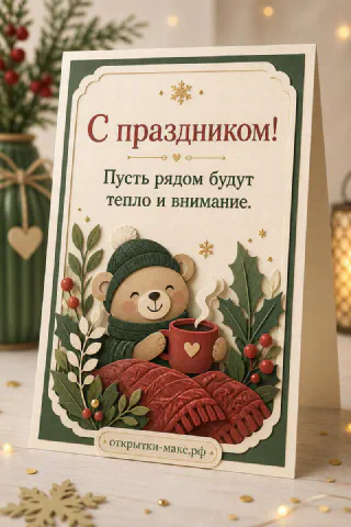 Рельефная открытка с медведем в зелёном шарфе и шапке, держащим кружку, рядом с новогодней ёлкой
