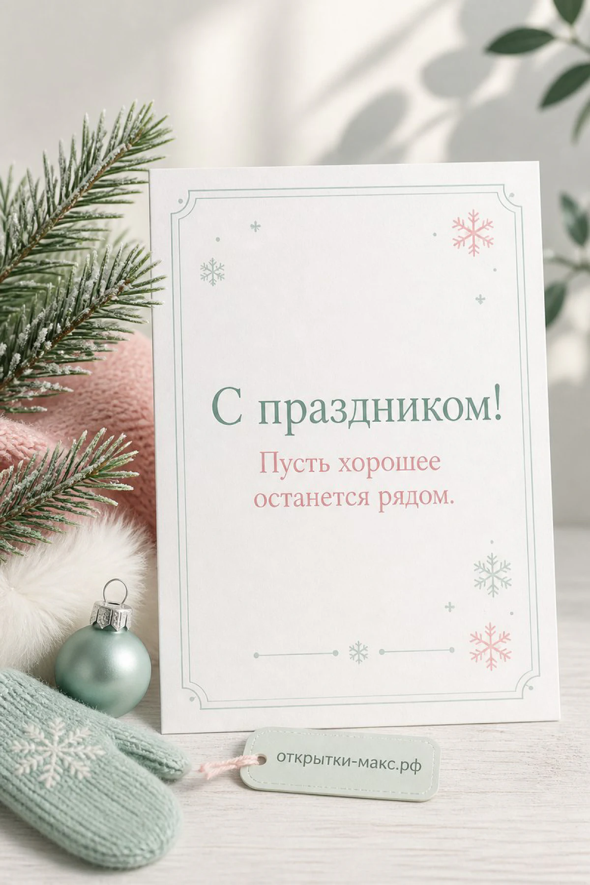 Бумажная новогодняя открытка с надписью С праздником рядом с еловой веткой и рукавичкой