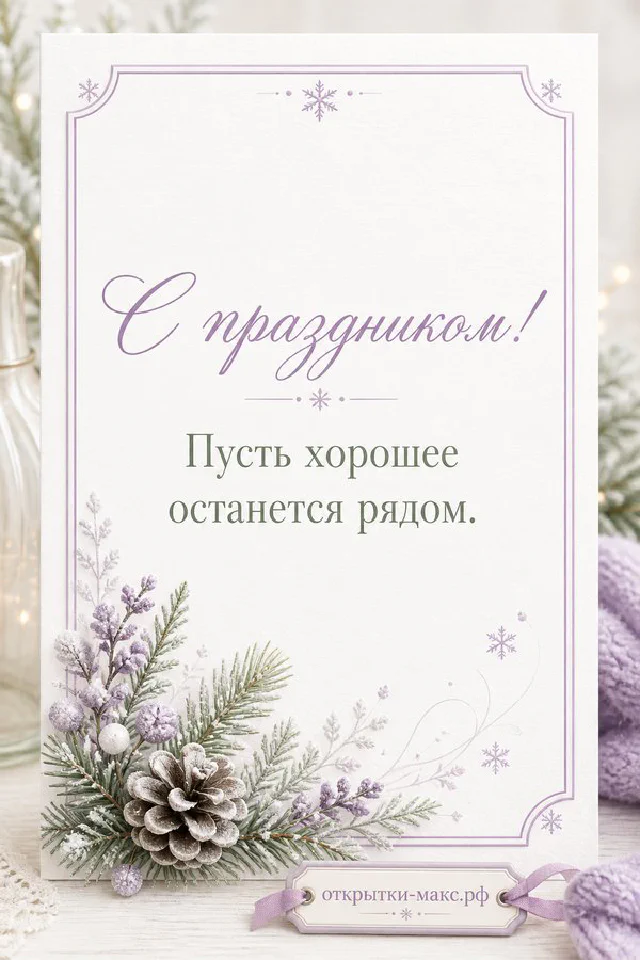Бумажная новогодняя открытка с надписью С праздником рядом с еловой веткой и рукавичкой — вариант 3