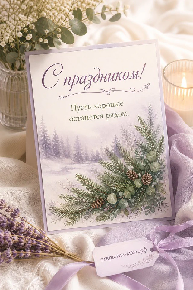 Бумажная новогодняя открытка с надписью С праздником рядом с еловой веткой и рукавичкой — вариант 5