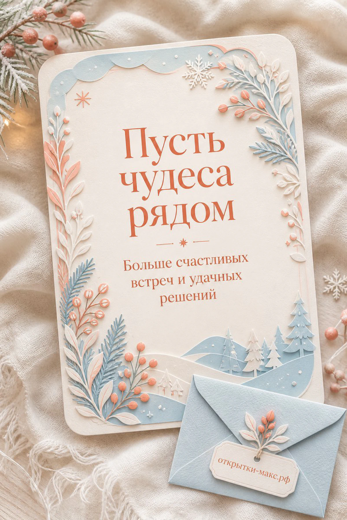 Новогодняя открытка на льняной ткани с голубым конвертом, веточками и снежинками, надпись «Пусть чудеса рядом»