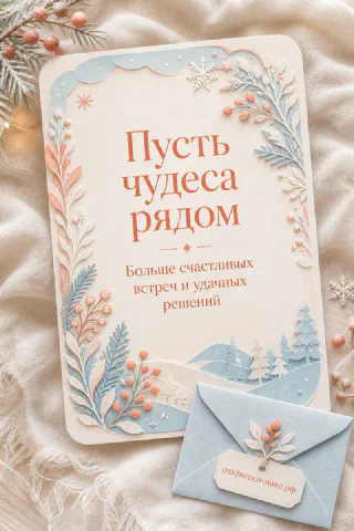 Новогодняя открытка на льняной ткани с голубым конвертом, веточками и снежинками, надпись «Пусть чудеса рядом»