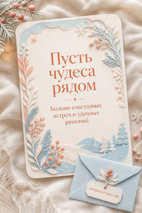 Новогодняя открытка на льняной ткани с голубым конвертом, веточками и снежинками, надпись «Пусть чудеса рядом»
