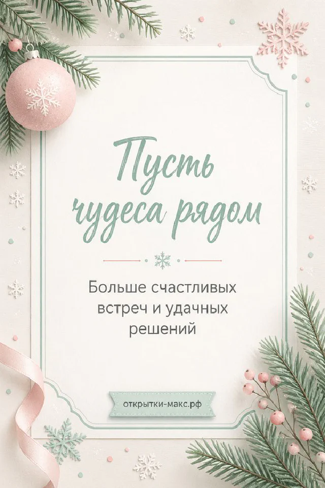 Новогодняя открытка на льняной ткани с голубым конвертом, веточками и снежинками, надпись «Пусть чудеса рядом» — вариант 2