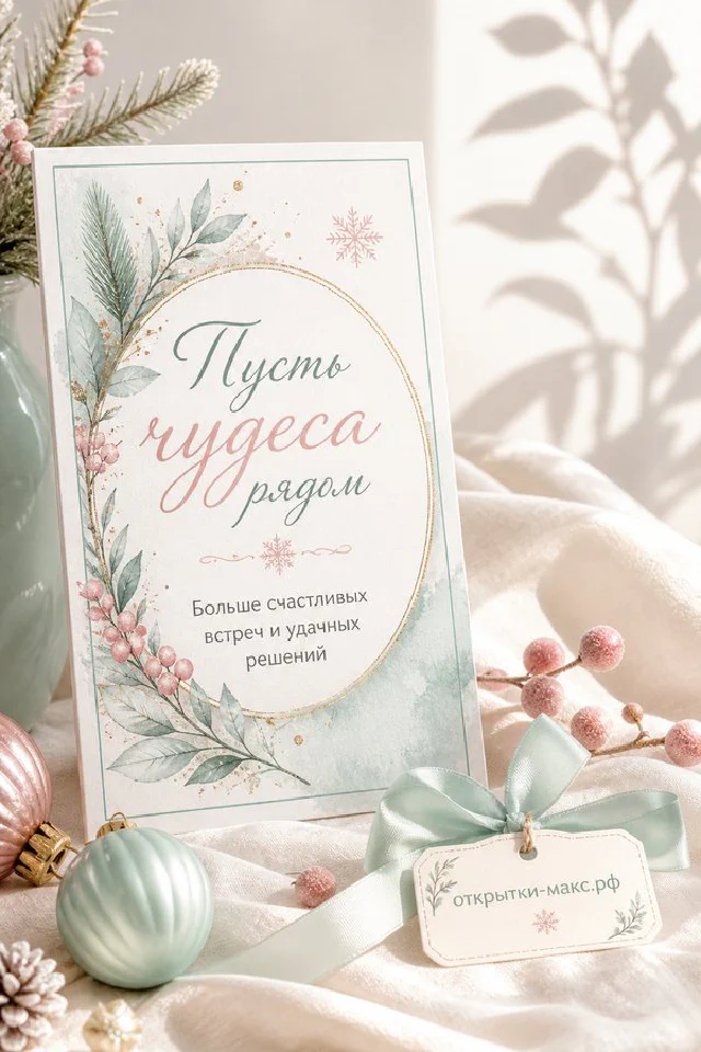Новогодняя открытка на льняной ткани с голубым конвертом, веточками и снежинками, надпись «Пусть чудеса рядом» — вариант 3