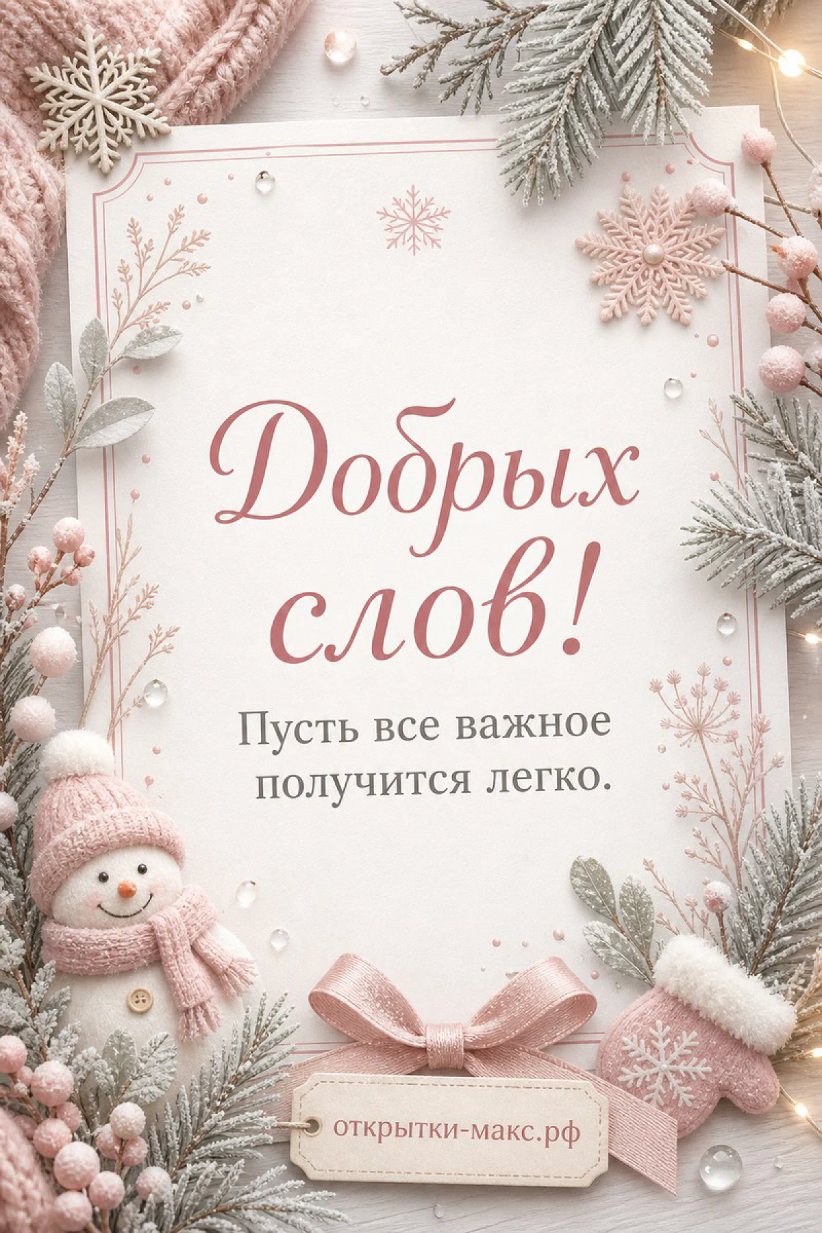 Розово-белая открытка со снеговиком в вязаной шапке, ягодами и снежинками на хвойном фоне