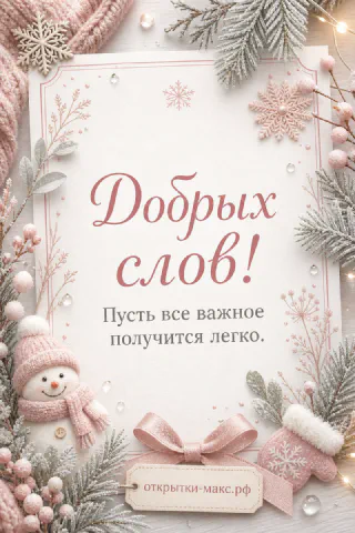 Розово-белая открытка со снеговиком в вязаной шапке, ягодами и снежинками на хвойном фоне