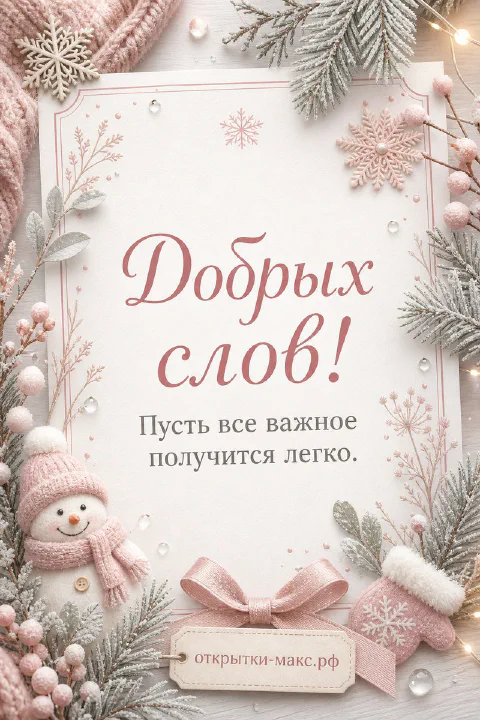 Розово-белая открытка со снеговиком в вязаной шапке, ягодами и снежинками на хвойном фоне