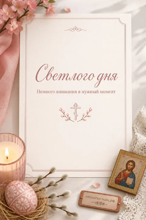 Икона Иисуса Христа, горящая свеча в стекле, расписное пасхальное яйцо и ветки вербы с цветами, надпись Светлого дня