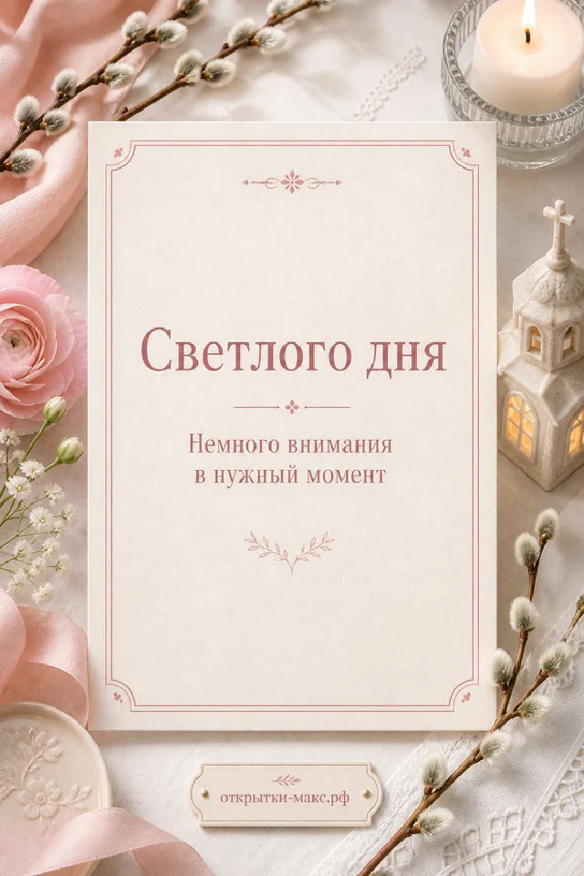 Икона Иисуса Христа, горящая свеча в стекле, расписное пасхальное яйцо и ветки вербы с цветами, надпись Светлого дня — вариант 2