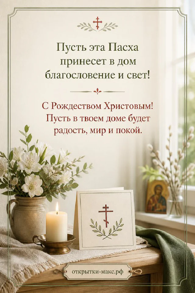 Горящая пасхальная свеча с крестом, ветви вербы, конверт и золотые купола церкви — вариант 2